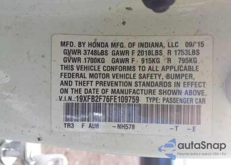 2015 Honda Civic Se from USA, damaged, VIN 19XFB2F76FE109759